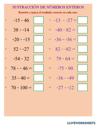 Sustracciones entre números enteros