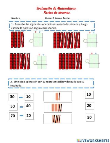 Restas de decenas (evaluación) 25 de mayo. 