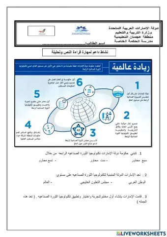 النشاط  داعم  مهارة قراءة النص وتحليلة  درس  الثورة الصناعية الرابعه