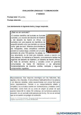 Evaluación comprensión lectora cuarto