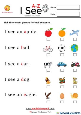 I see sentences A to Z worksheets