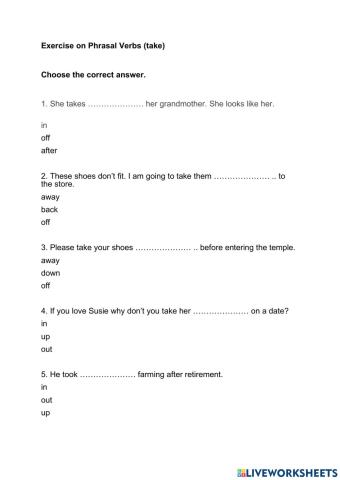Exercise on phrasal verbs (take)