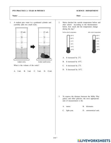 Year 10 Physics PTS Practice sheet 2