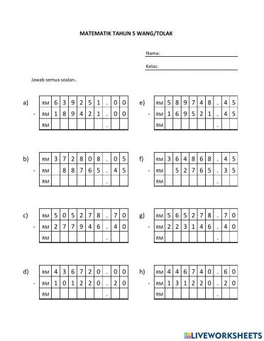 Matematik tahun 5 tolak wang