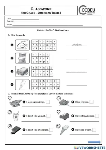 Tiger 3- Unit 4- I like, don't like, love and hate