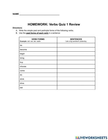 Irregular  Verbs Quiz 1 - BE- EAT