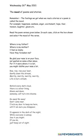 Worksheet on the mood of poems