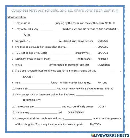 Complete First for Schools Unit 3. Word Formation A