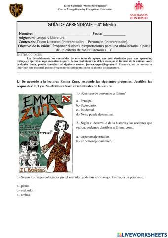 Guía de aprendizaje - Emma Zunz (Cuarto Medio)
