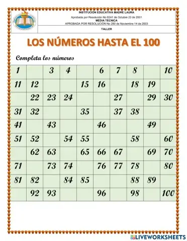 numeros hasta ael 100