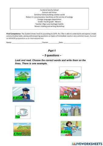 MOVERS READING AND WRITING PRACTICE PART 1 - 2