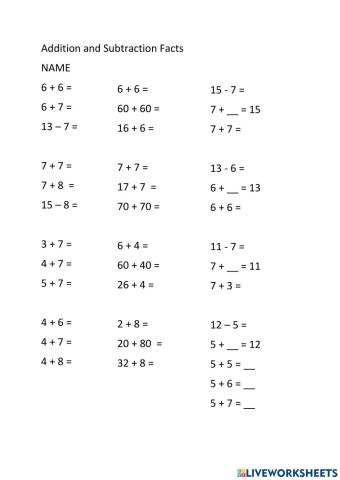 Addition and Related Subtraction Facts