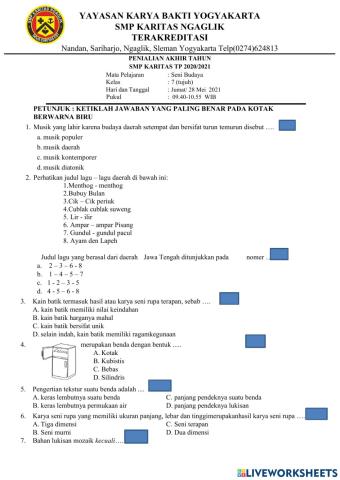 PAT seni budaya kelas 7 2020-2021