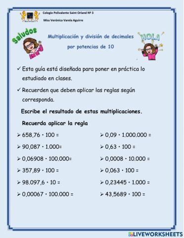 Multiplicación y división de decimales por potencias de 10