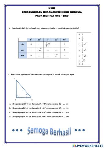 KUIS 2 - Perbandingan Trigonometri Sudut Itimewa