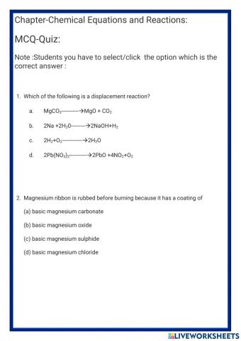 MCQ-Quiz Chapter-Chemical Reactions and Equations