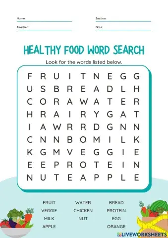 Healthy food wordsearch