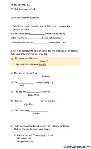 3rd Coursework test in ELA