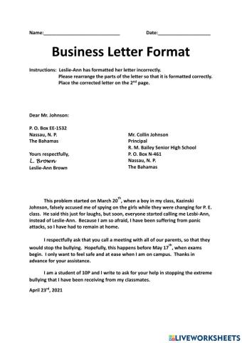 Business Letter Parts Shuffle