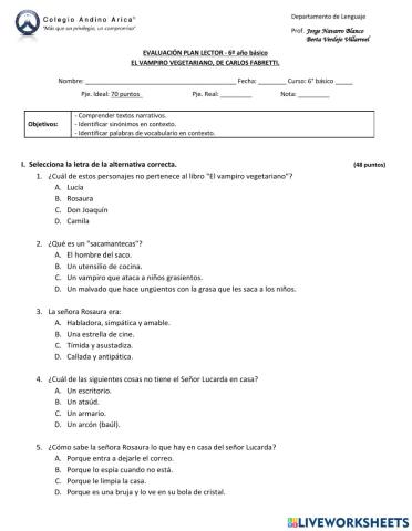 Evaluación Plan lector: El vampiro vegetariano, de Carlo Fabretti