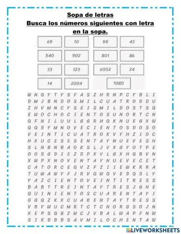 Sopa de eltras con numeros en letra