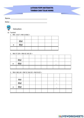 Latihan pdpr: tambah tolak wang