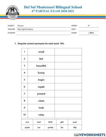 Phonics Exam  IV Partical- 4th Grade