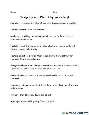 Electricity Information and Vocabulary