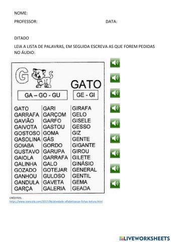 AUTO DITADO FICHA DE LEITURA LETRA G