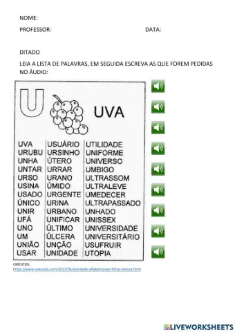 Auto ditado ficha de leitura letra u