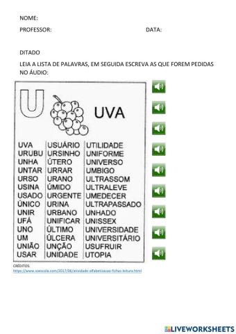 Auto ditado ficha de leitura letra u