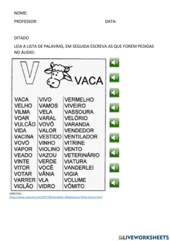 AUTO DITADO FICHA DE LEITURA LETRA V