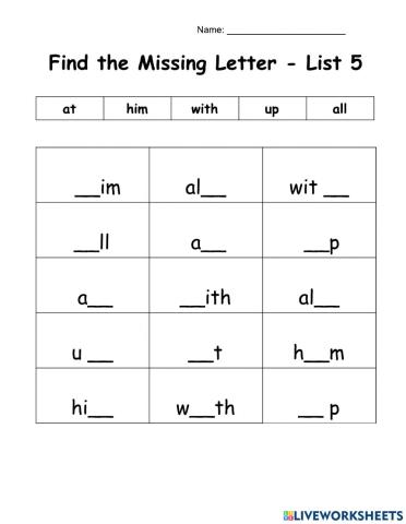 WOW - List 5 - 5 Words - Missing Letter