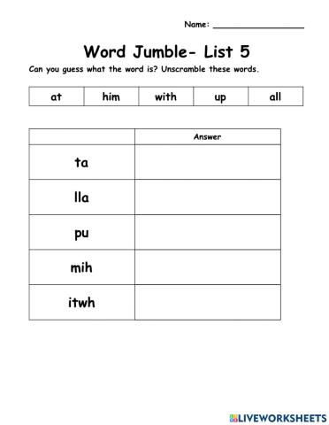 WOW - List 5 - 5 Words - Word Jumble