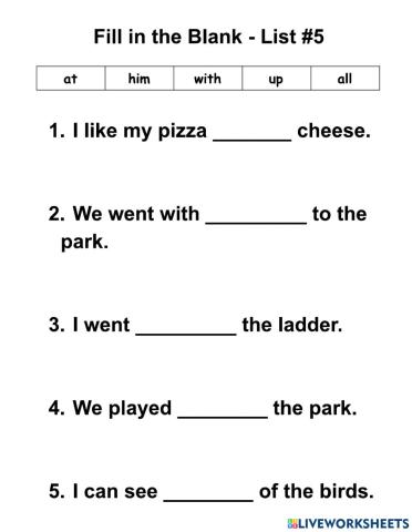 WOW - List 5 - 5 Words - Fill in the blank