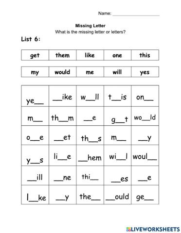 WOW - List 6 - 10 Words - Missing Letters