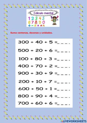 Cálculo mental - Sumar centenas, decenas y unidades 1