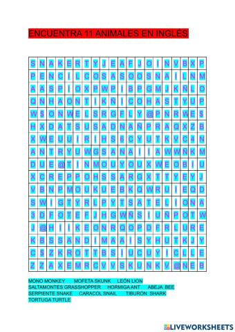 Sopa de letras animales inglés