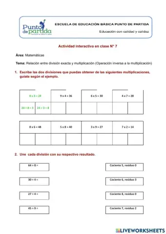 Relación entre división exacta y multiplicación (Operación inversa a la multiplicación)
