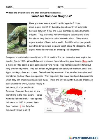 Reading Classwork about Komodo Dragon
