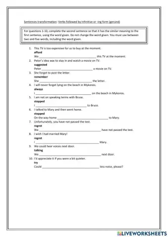 Sentence transformation: verbs followed by infinitive or -ing
