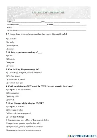 Living Things Characteristics