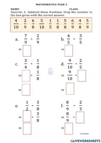 Subtract Fraction Year 3