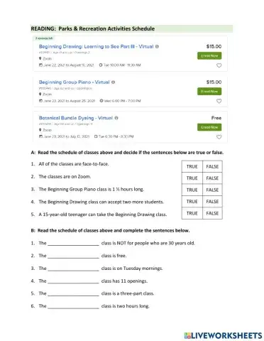 Reading: Community Center Schedule of Classes