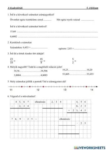 Tizedestörtek gyakorlása