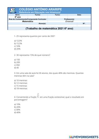 Porcentagem 6 ano