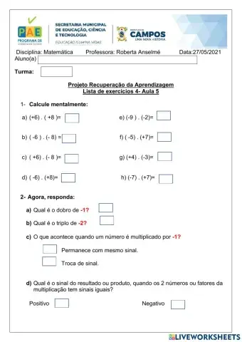 Multiplicações e divisões- números inteiros