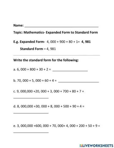 Place Value- Expanded to Standard Form