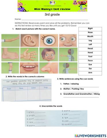 INGLES - 3RD GRADE Cuestionario Mayo 2021