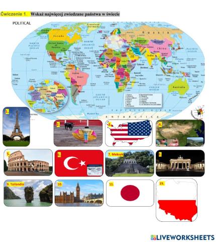Najwiecej turystów zwiedziło następujące państw ( 1, 2,5, 8 wskazujemy na małej mapce)